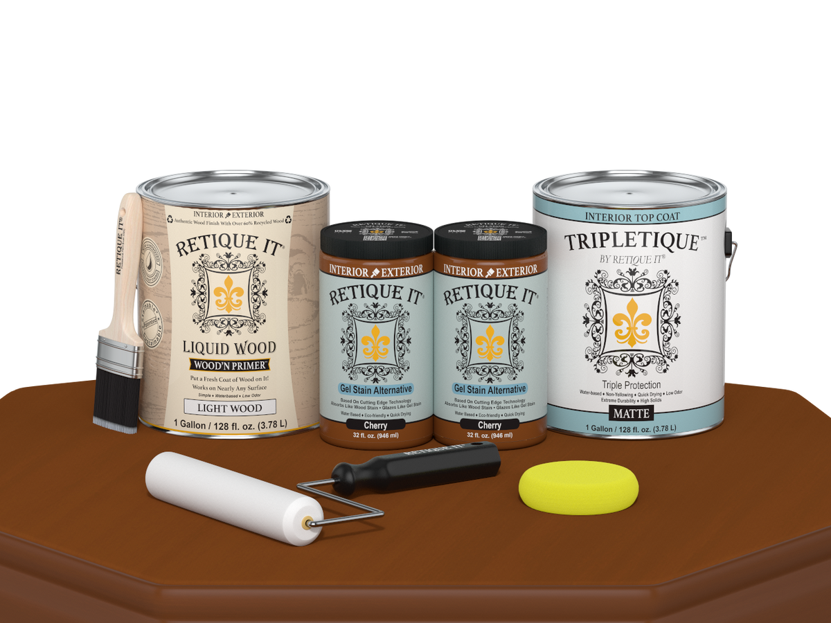 Retique It® Cherry wood finish kit with four large matte interior top coats, designed for smooth, durable wood furniture finishing.