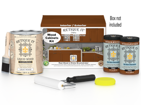 Retique It® Wood'n Cabinet Kit with 48 cherry-colored smooth stained cabinet doors, shown in a box with packaging.