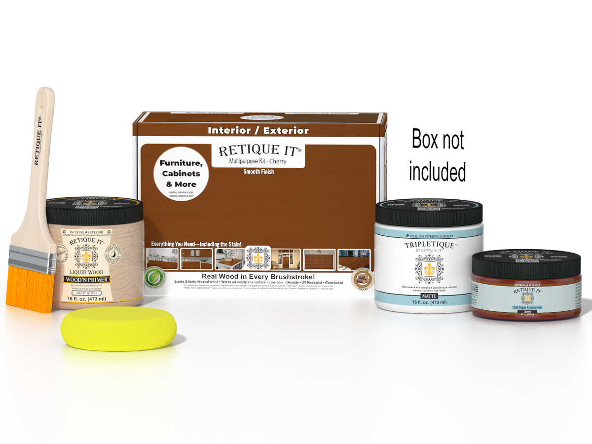 Retique It® Multi-purpose Smooth Finish Kit in Cherry for interior wood projects, includes top coat and application tools.