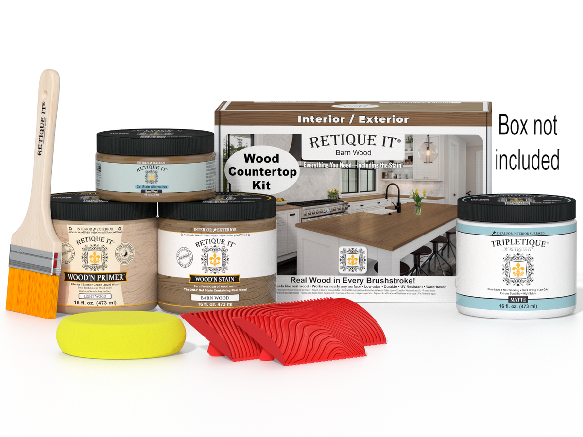 Modern walnut kitchen island countertop kit by Retique It® featuring stain finish, designed for kitchen islands and countertops.