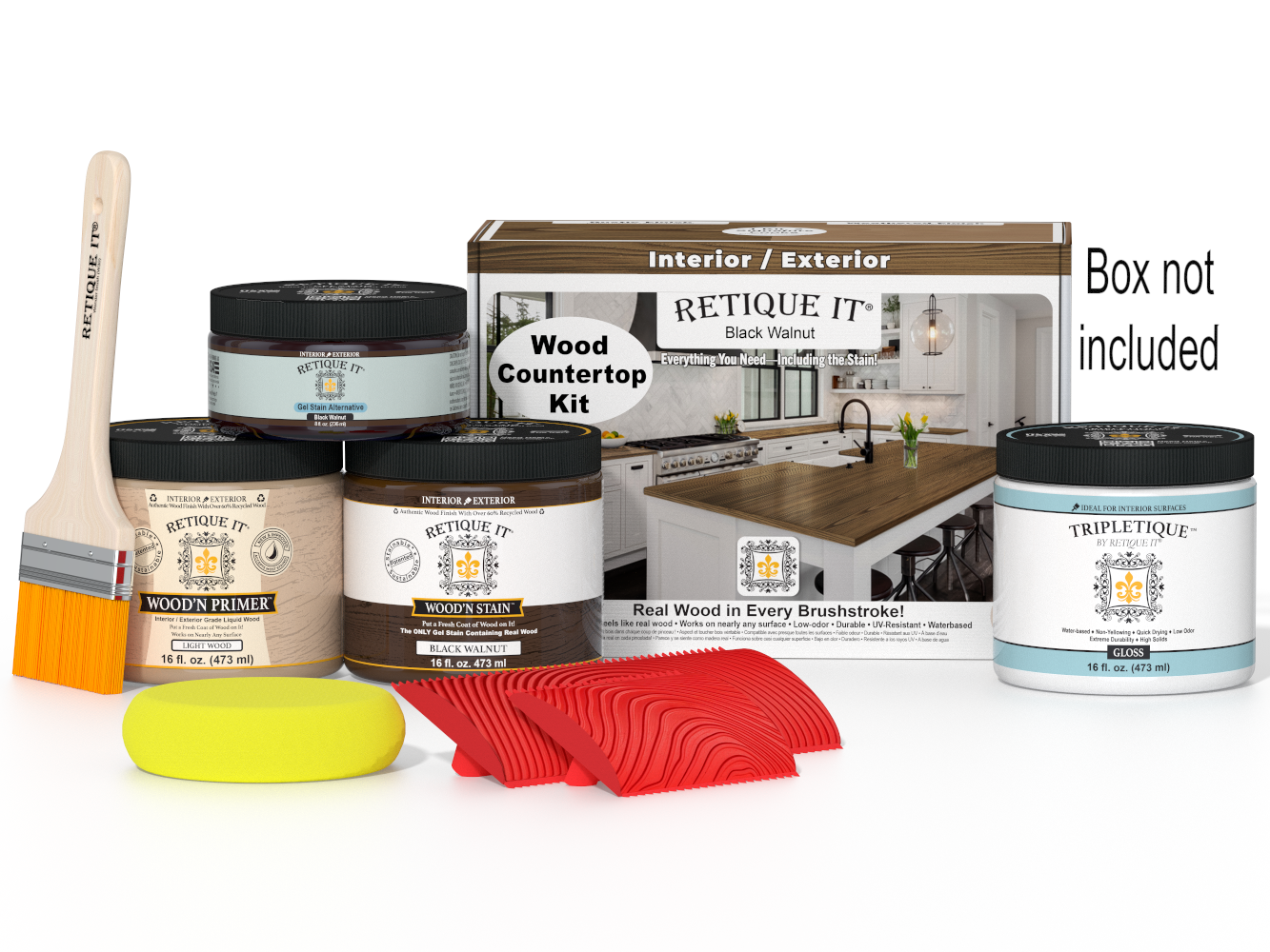 Retique It® black walnut countertop kit for kitchen islands, featuring stain application and natural wood grain detail.