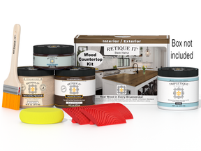 Retique It® black walnut countertop kit for kitchen islands, featuring stain application and natural wood grain detail.