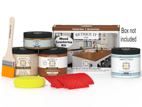 Retique It® cedar stain countertop kit for kitchen islands, featuring natural wood grain and stain application tools.