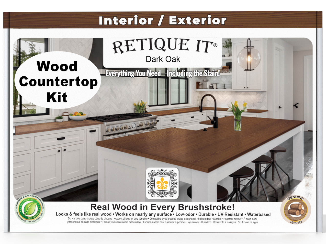 Dark oak kitchen island countertop kit by Retique It® featuring stain options, shown with a polished dark oak surface.