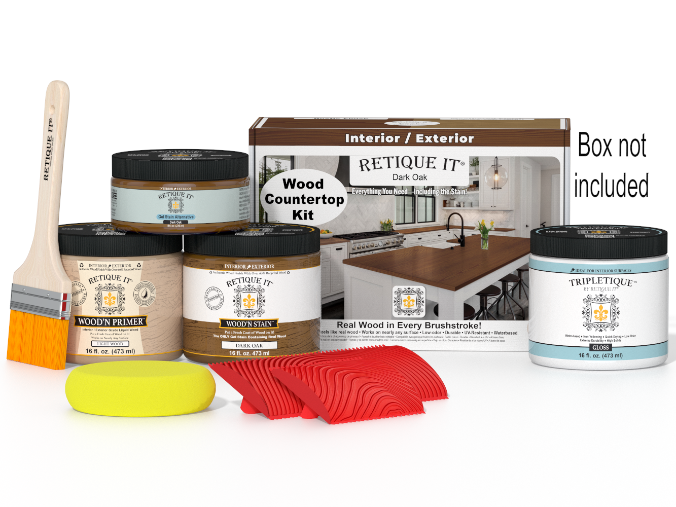 Dark oak kitchen island countertop kit by Retique It® with stain, designed for kitchen island countertop installation.