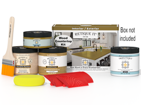 Retique It® Old Oak stain kit for kitchen island countertops, includes stain bottles and application tools.