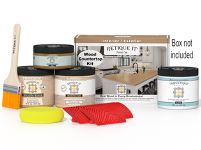 Retique It® pickled oak countertop kit for kitchen islands, featuring stain samples and finishing materials for custom kitchen updates.