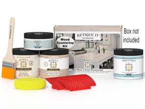 Sun bleached wood finish countertop kit by Retique It® for kitchen islands, includes wood finish components in a box.