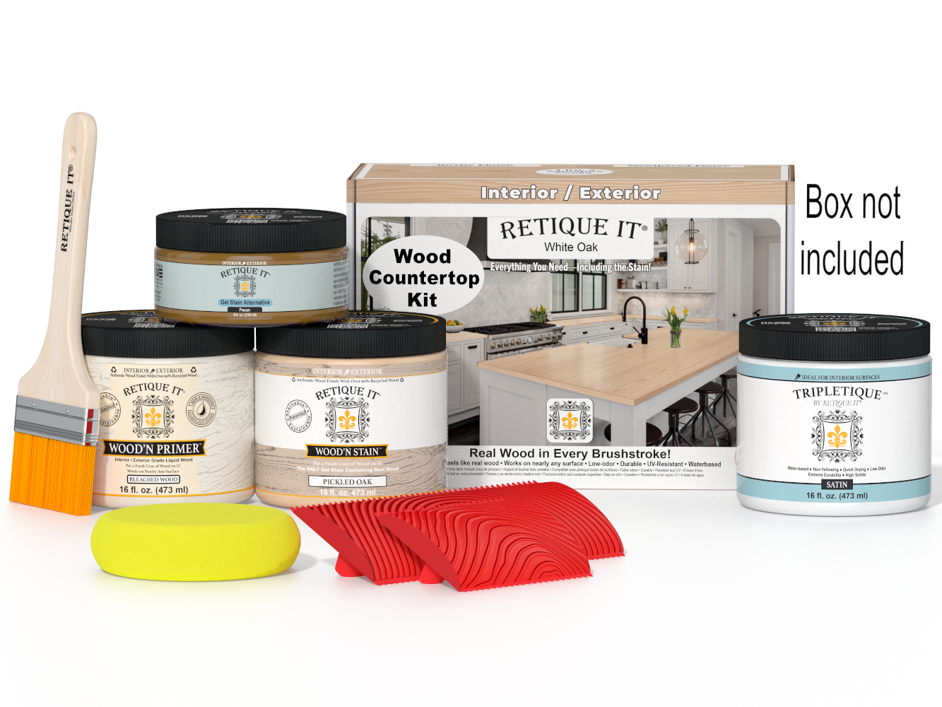Retique It® white oak kitchen island countertop kit with stain, showcasing a smooth, natural wood finish for kitchen renovation.