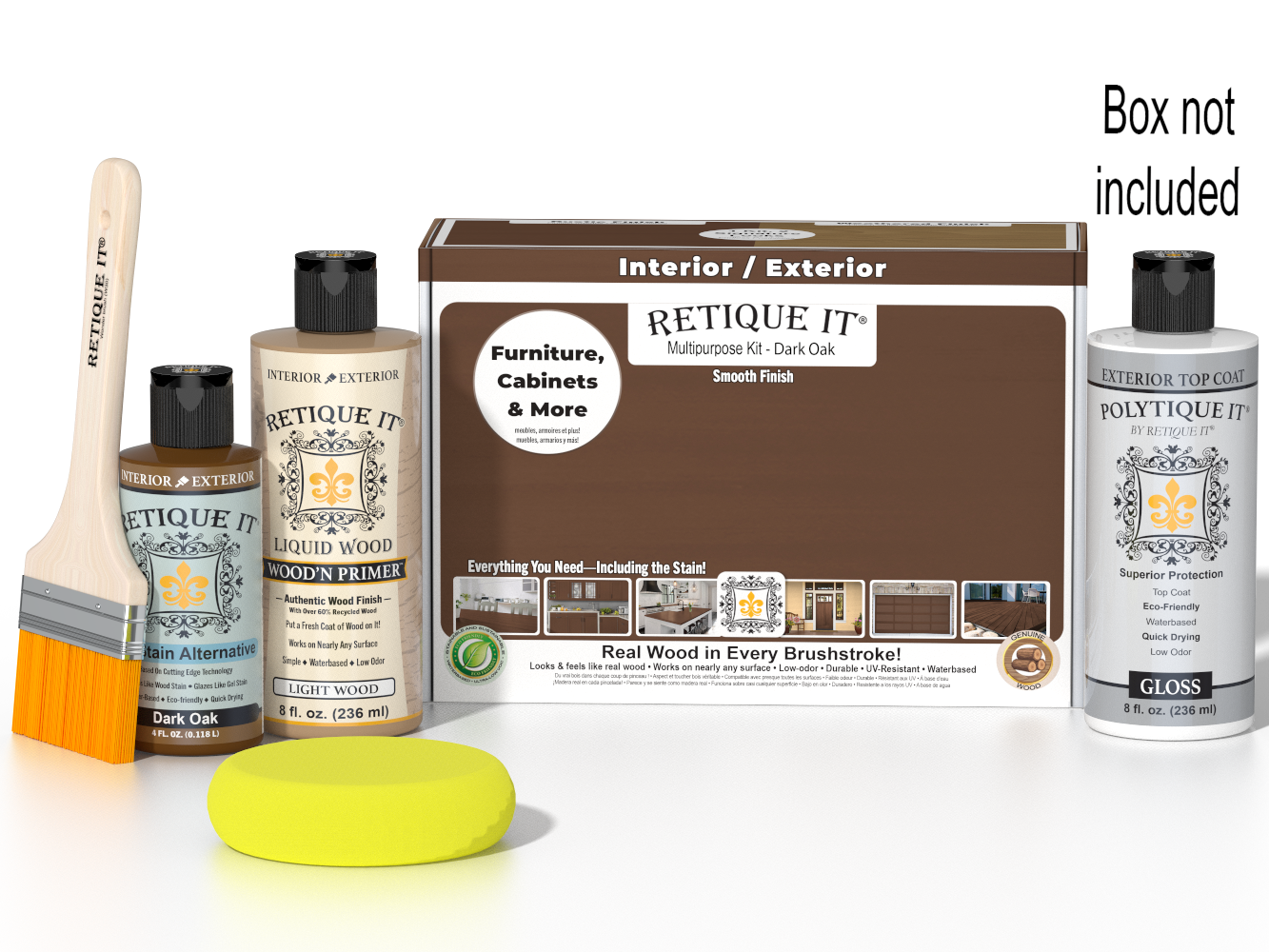Retique It® Dark Oak exterior wood finish kit with gloss top coat, includes applicator tools and protective packaging.
