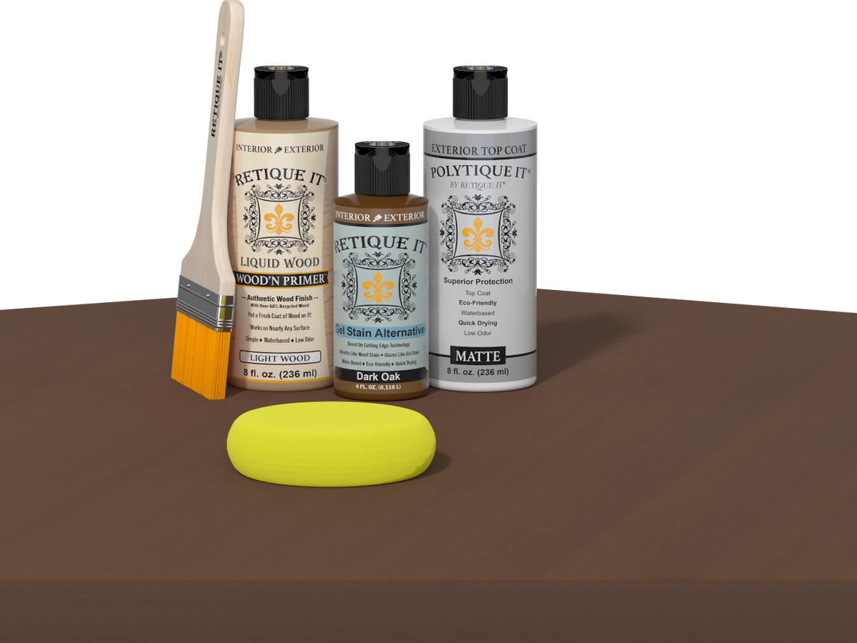 Retique It® Multi-purpose Smooth Finish Kit in Dark Oak for exterior wood, featuring satin top coat and application palette.