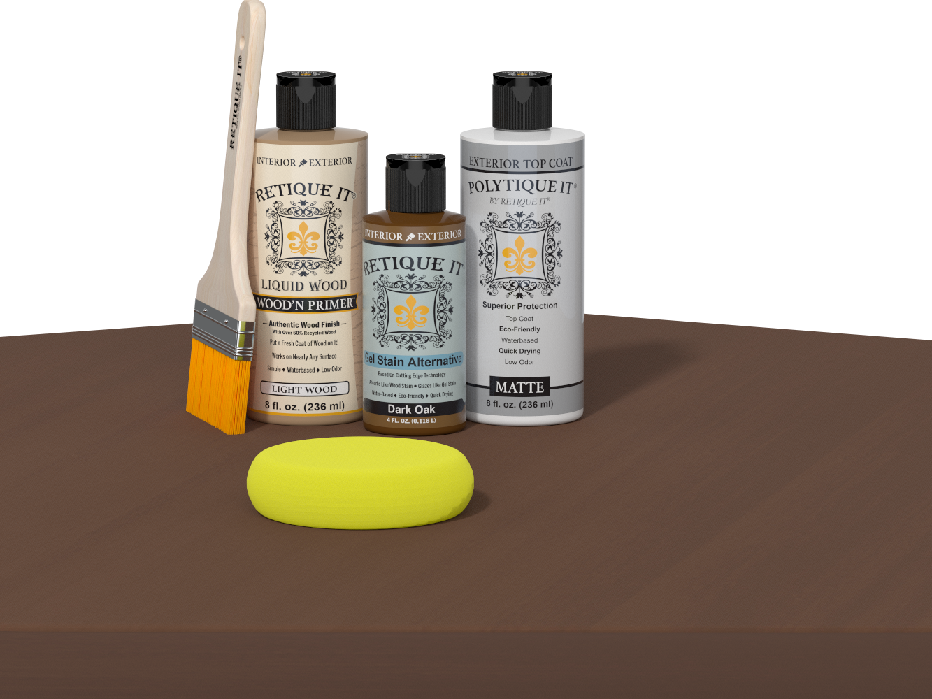 Retique It® Multi-purpose Smooth Finish Kit in Dark Oak for exterior wood, featuring satin top coat and application palette.