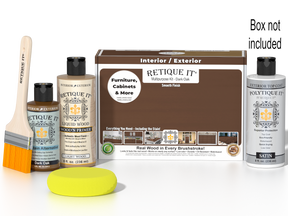 Retique It® Multi-purpose Smooth Finish Kit in Dark Oak for exterior wood, includes top coat and satin finish in a paint box.