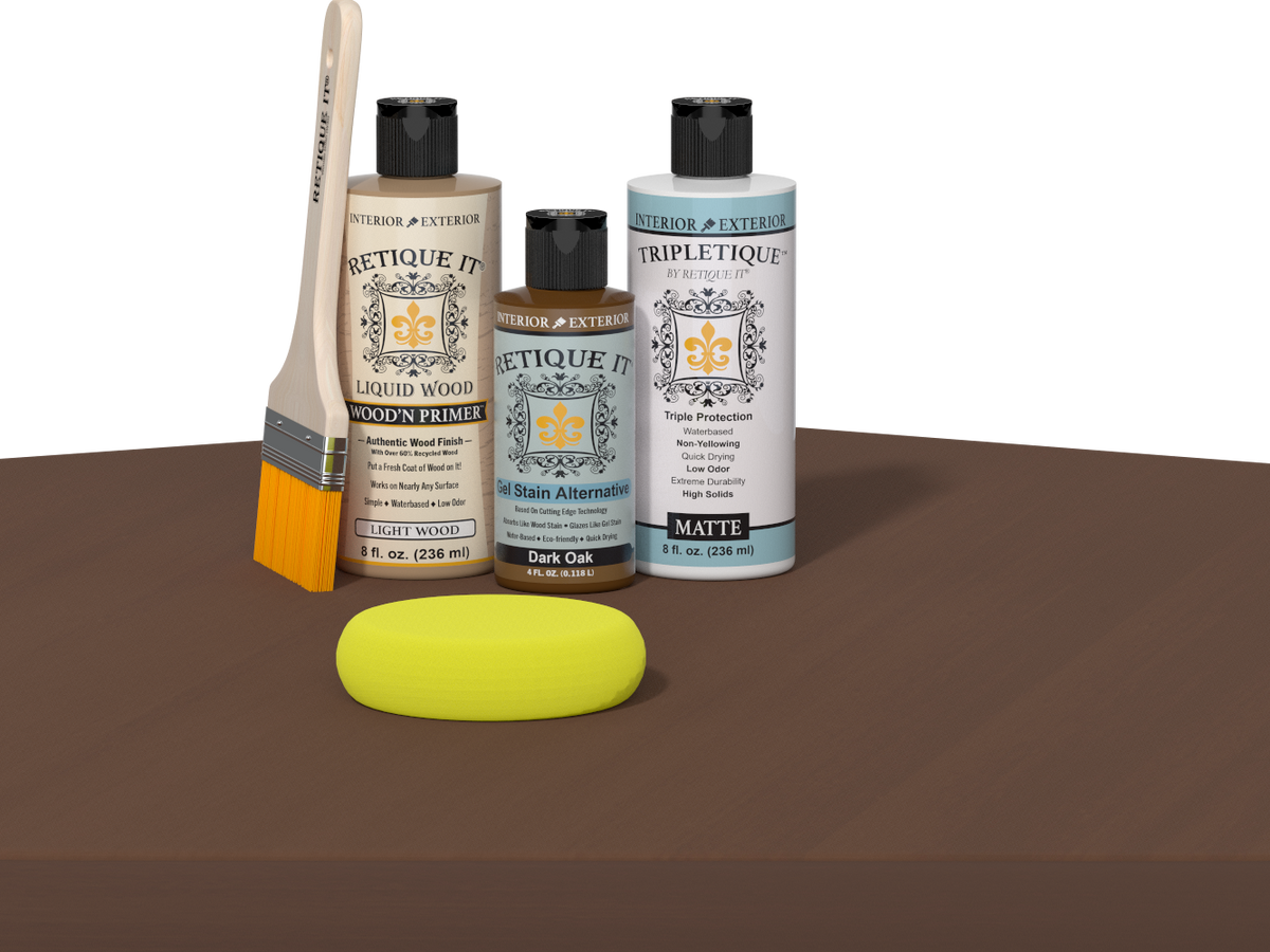 Dark Oak wood finish kit by Retique It® for interior top coat, showing a smooth, multi-purpose wood finish application.