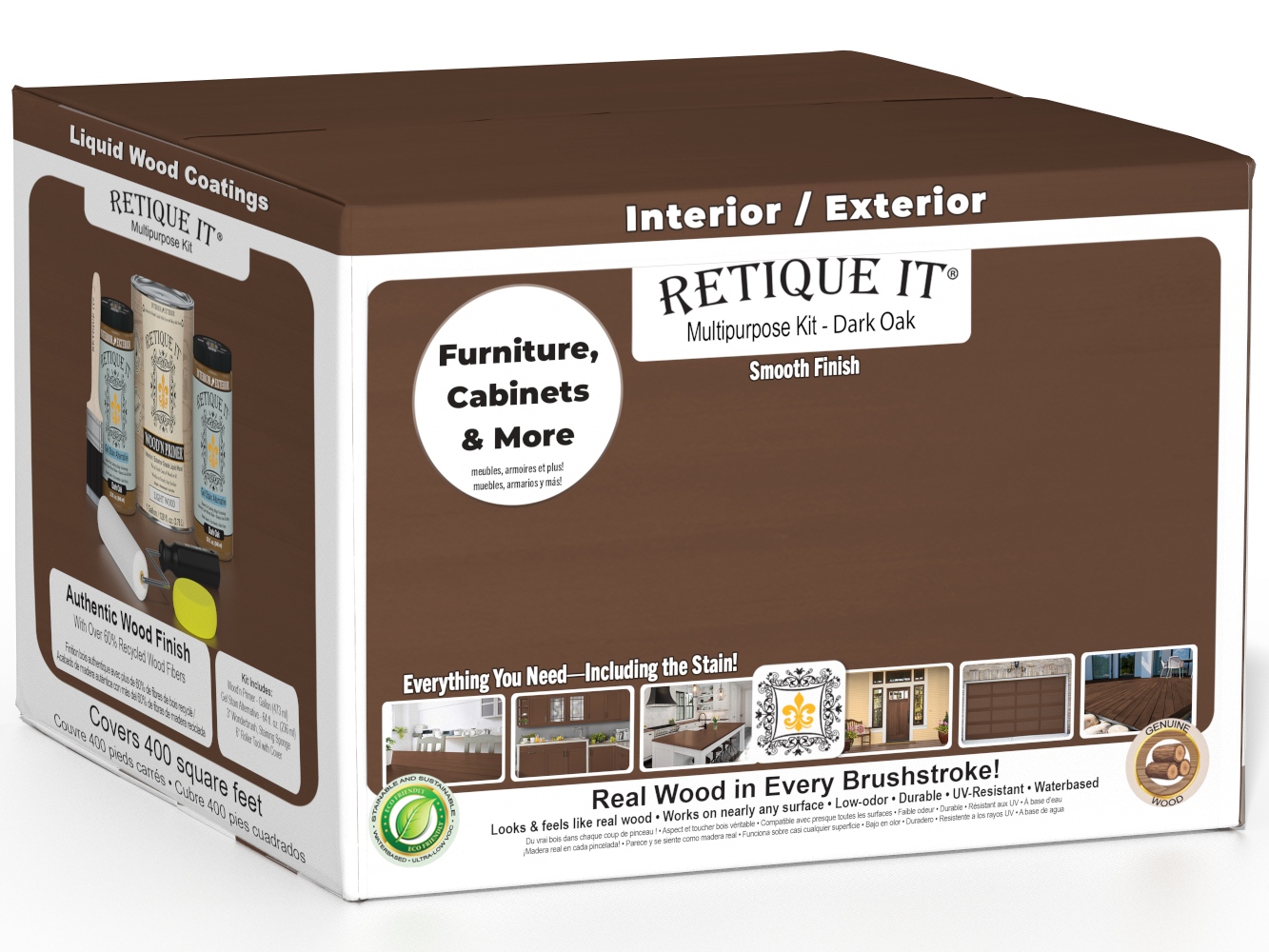 Retique It® Multi-purpose Smooth Wood'n Finish Kit in Dark Oak with four large exterior top coat bottles and application tools.