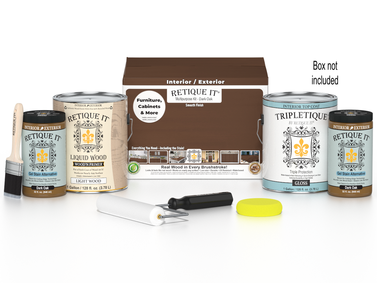 Retique It Dark Oak multi-purpose wood finish kit with four large bottles of interior top coat, displayed in a box.