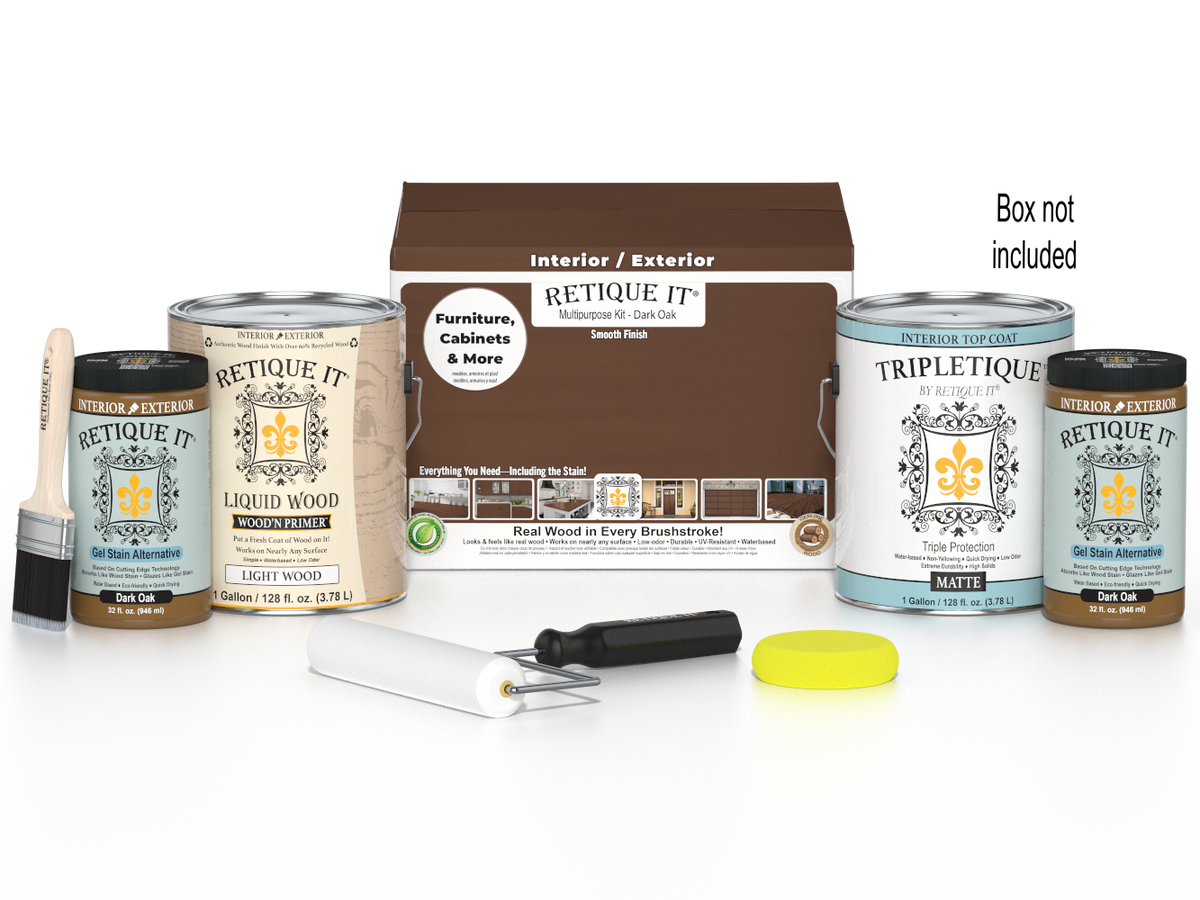 Retique It® Dark Oak Multi-purpose Smooth Finish Kit with 4 large bottles, interior top coat for wood finishing projects.