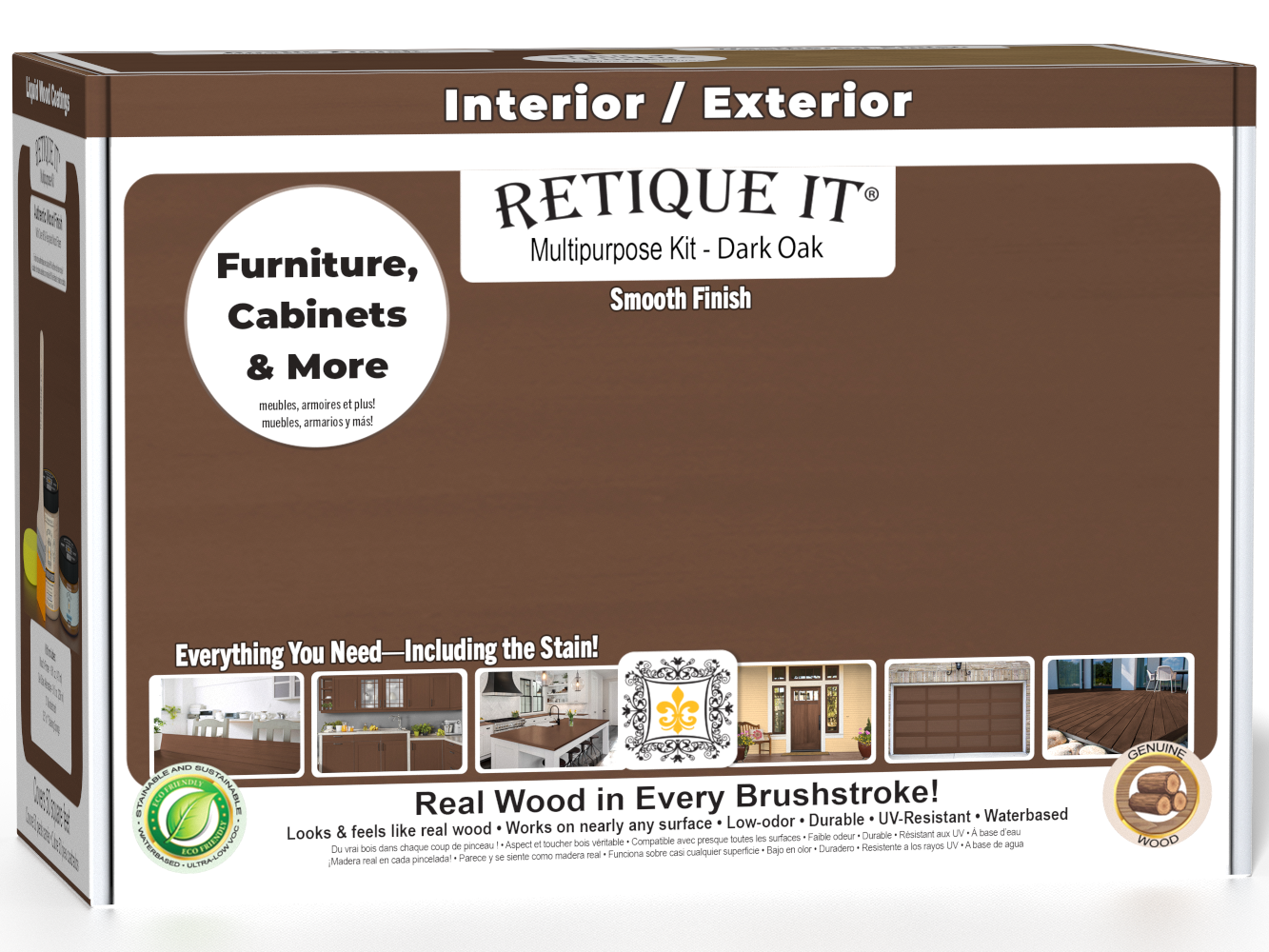 Retique It® Multi-purpose Smooth Finish Kit in Dark Oak for exterior wood, featuring matte top coat and wood finishing tools.