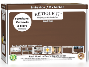 Retique It® Multi-purpose Smooth Finish Kit in Dark Oak for exterior wood, featuring matte top coat and wood finishing tools.