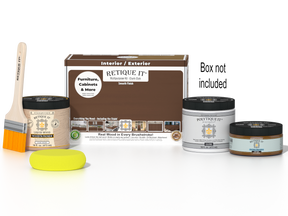 Retique It® Multi-purpose Smooth Finish Kit in Dark Oak for exterior wood projects, includes top coat and application tools.