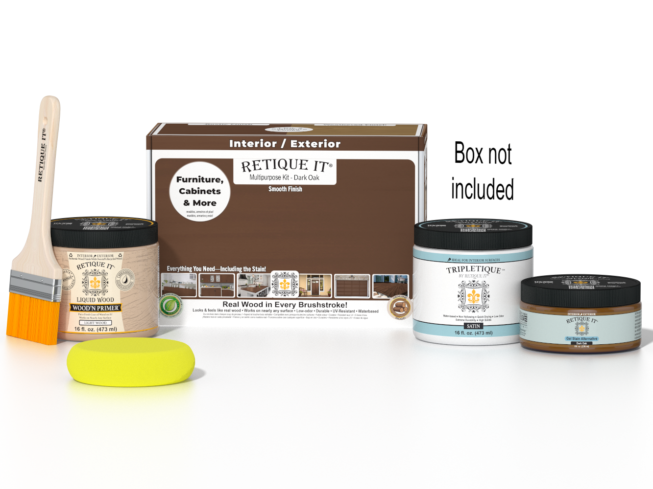 Retique It® Multi-purpose Smooth Finish Kit in Dark Oak for interior wood projects, includes top coat and application tools.