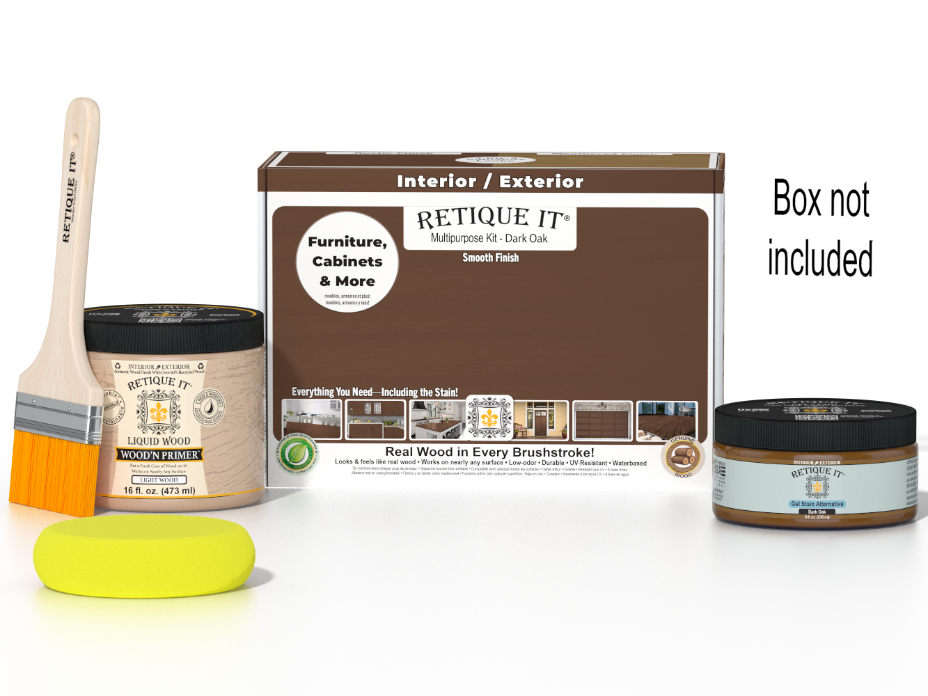 Retique It® Multi-purpose Smooth Finish Kit in Dark Oak for wood finishing, includes application tools and sample wood piece.