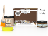 Retique It® Multi-purpose Smooth Finish Kit in Dark Oak for wood finishing, includes application tools and sample wood piece.