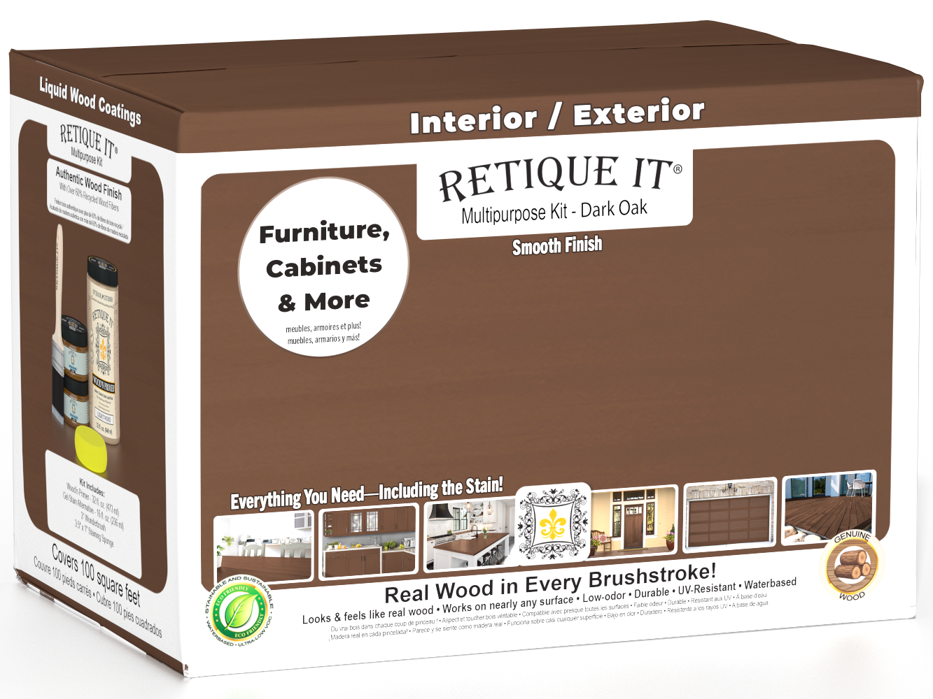 Large Dark Oak Multi-purpose Smooth Finish Kit from Wood'n Finish Kits by Retique It® with interior top coat and application tools.