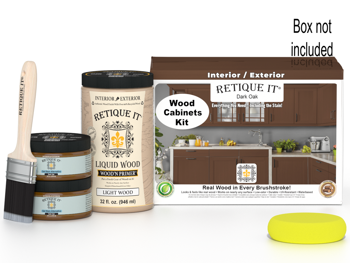 Dark oak Wood'n Cabinet Kit with 12 smooth cabinet doors, featuring Retique It® stain for a sleek, modern kitchen look.