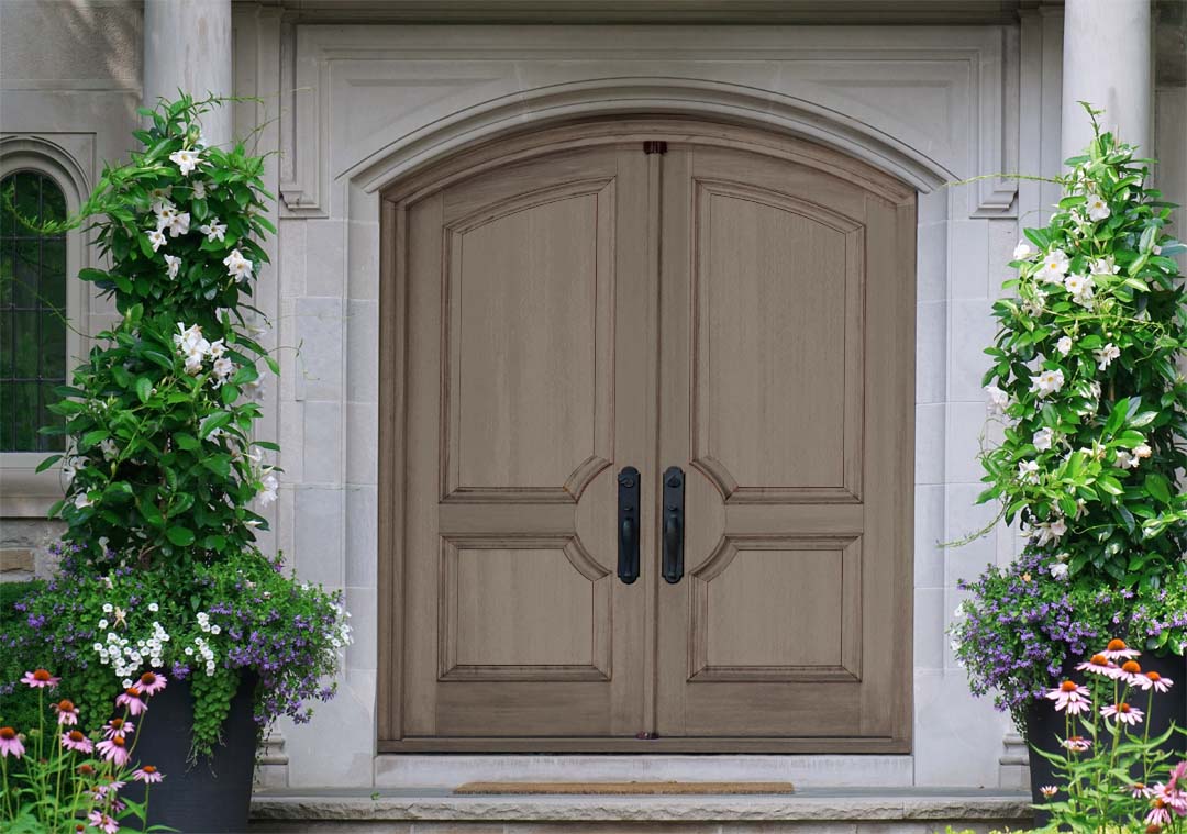 Retique It Multi-purpose Smooth Finish Kit in Harbor Gray for exterior wood surfaces, featuring a top coat application on a door.
