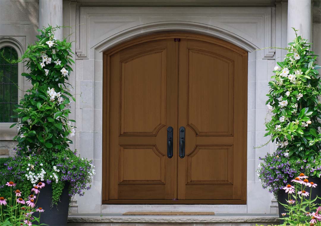 Retique It Multi-purpose Smooth Finish Kit for exterior wood doors, featuring cherry-colored top coat and application tools.