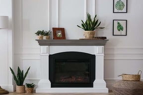 Retique It Wood'n Finish Kit in Harbor Gray for exterior wood projects, shown on a fireplace mantle with a textured gray finish.