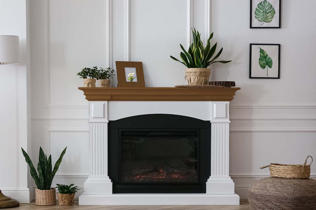 Retique It Multi-purpose Smooth Finish Kit in Cherry for interior wood projects, showing a fireplace mantle with smooth cherry finish.