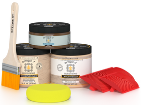 Retique It® Wood'n Kit in Pickled Oak, multi-purpose wood finish kit with applicator tools and sample wood surface.