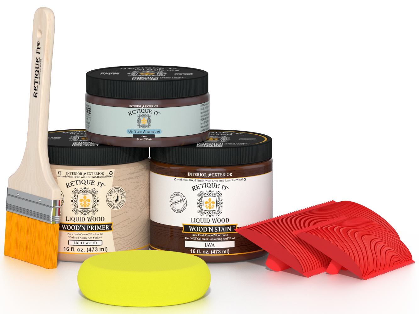 Retique It® Wood'n Kit in Java showing a multi-purpose wood finish kit with brushes and wood sample for furniture finishing.