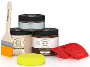Retique It® Wood'n Kit in Java showing a multi-purpose wood finish kit with brushes and wood sample for furniture finishing.