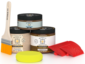 Retique It® Wood'n Finish Kit in Dark Pecan, multi-purpose wood finishing set with applicator tools and product bottles.