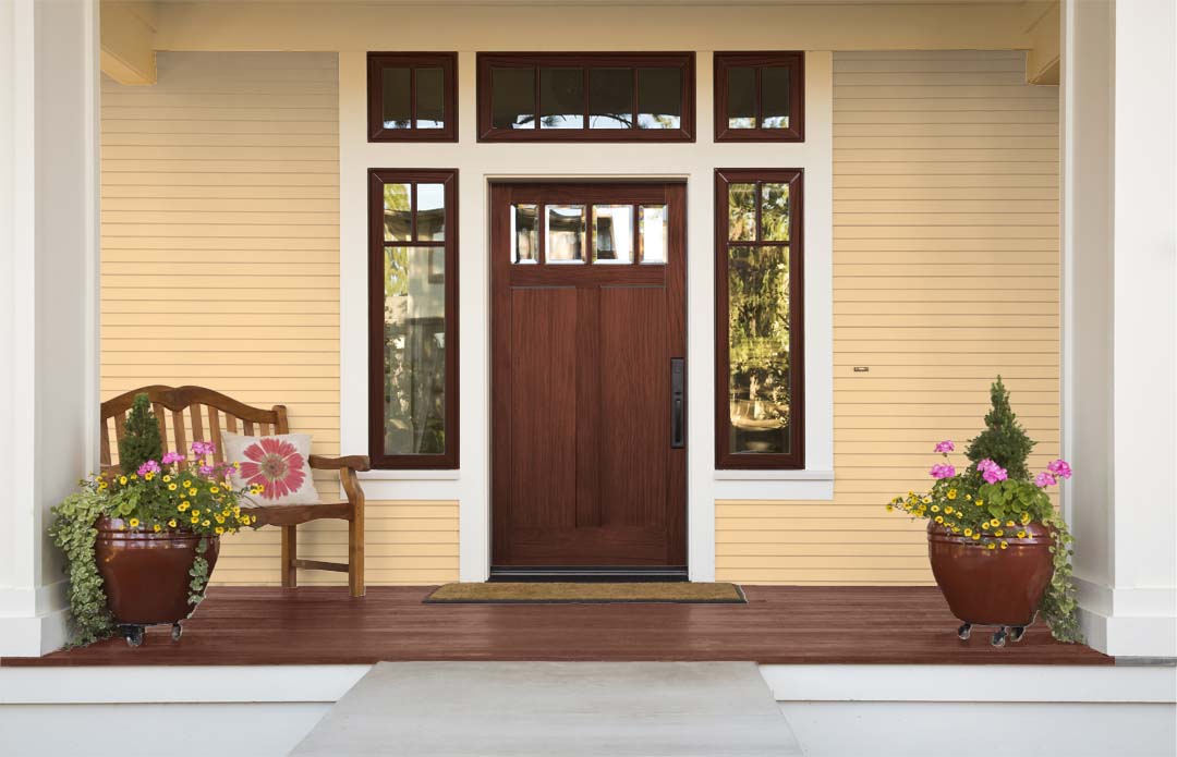 Retique It® Wood'n Finish Kit in Red Mahogany, featuring four exterior top coat containers with grained wood texture on a door.