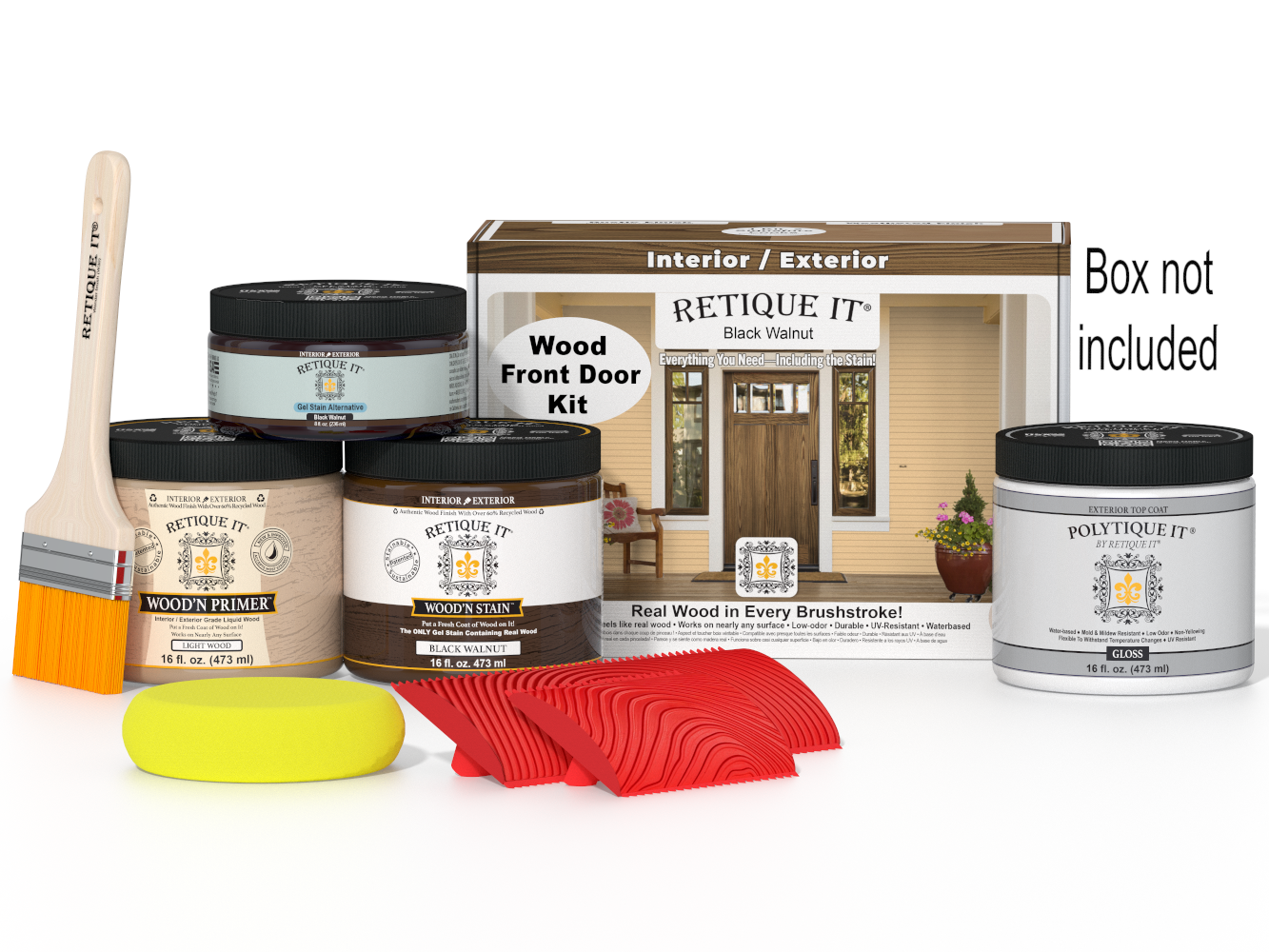 Retique It® Wood'n Finish Black Walnut front door stain kit with stain bottles and application supplies on a white background.