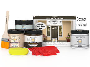 Retique It Wood'n Finish front door kit in charcoal stain, showing a ready-to-apply wood finish for exterior doors.