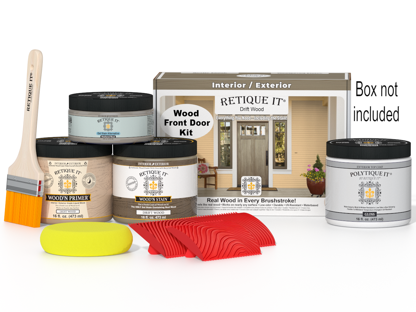 Retique It Wood'n Finish Drift Wood front door kit with stain set, featuring natural wood grain and finishing supplies for exterior doors.