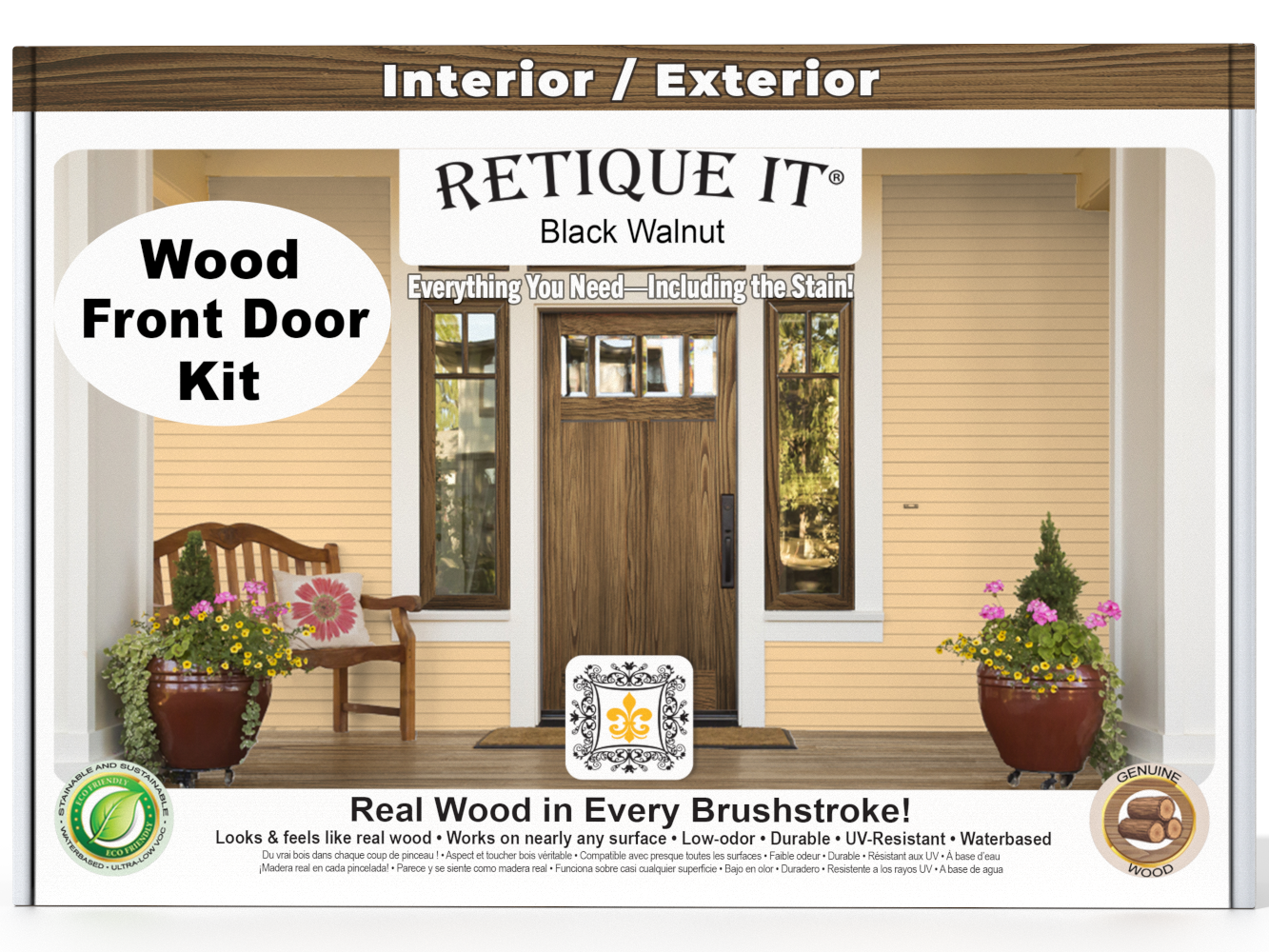 Retique It® Wood'n Finish Black Walnut front door stain kit showing a sealed wood door with dark walnut finish and stain application tools.