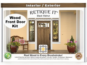 Retique It® Wood'n Finish Black Walnut front door stain kit showing a sealed wood door with dark walnut finish and stain application tools.