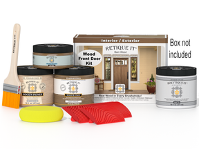 Retique It® Wood'n Finish front door kit in Dark Oak stain, showing a wooden door with rich, dark oak finish and detailed wood grain