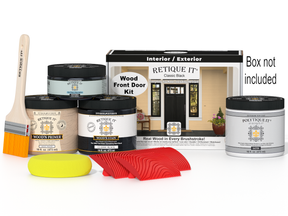 Retique It Wood'n Finish front door kit in classic black with stain and finishing supplies, designed for a durable, stylish entryway.
