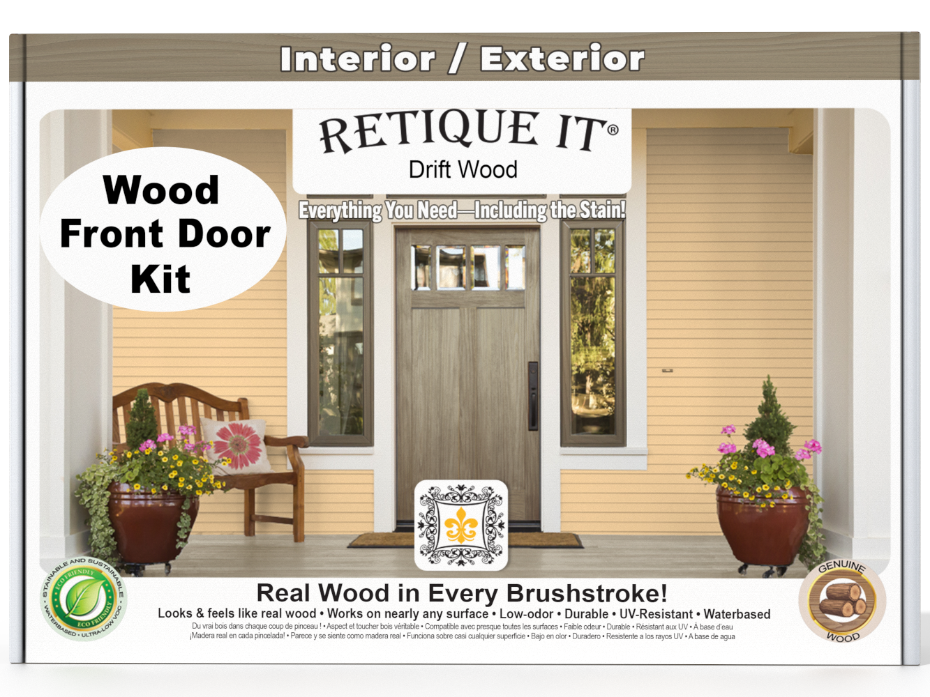Retique It Wood'n Finish Drift Wood front door kit with stain, showcasing the natural wood grain and finish options for front doors.