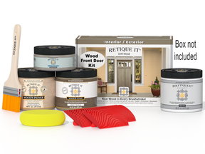 Retique It Wood'n Finish Drift Wood front door kit with stain options, showcasing the textured wood grain and kit components.