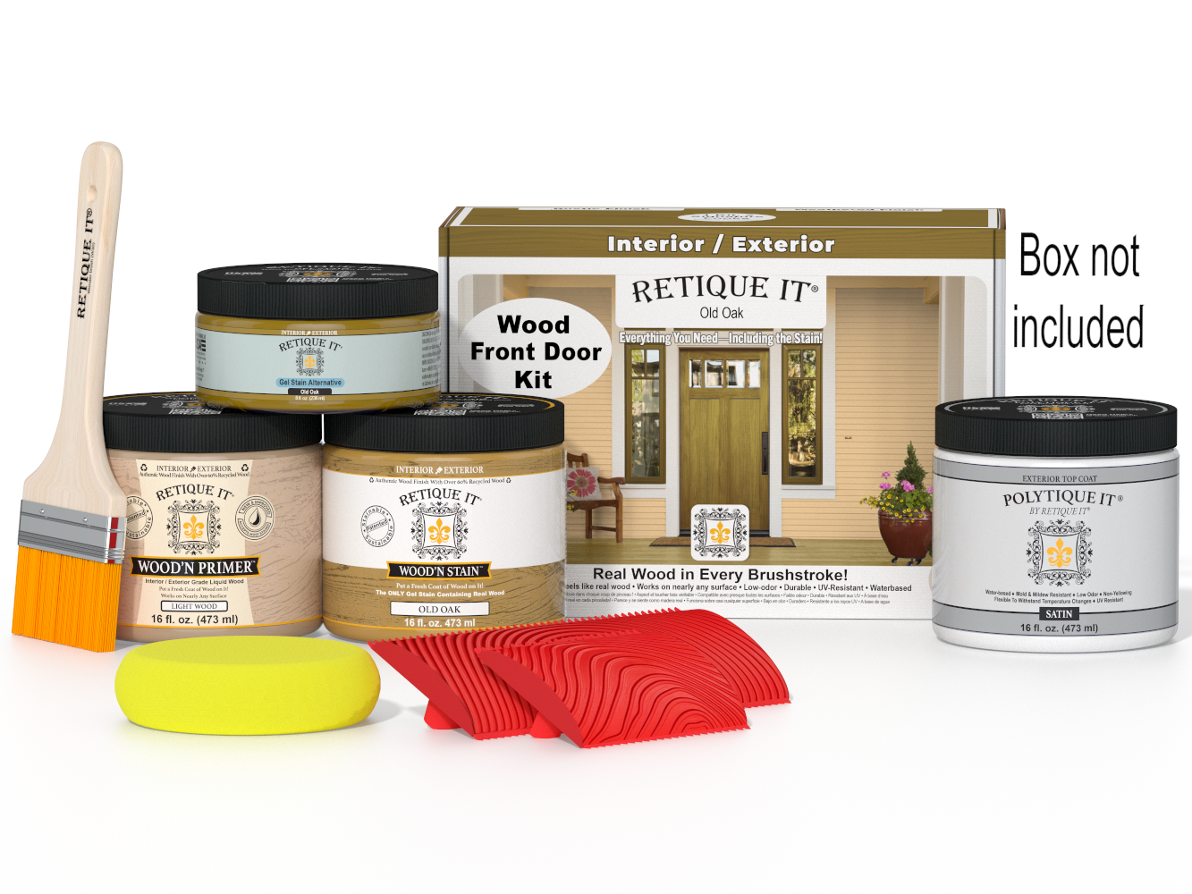 Retique It Wood'n Finish Old Oak front door stain kit with stain bottles and application tools on a box.