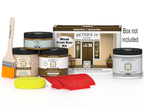 Retique It® Wood'n Finish Dark Pecan front door kit with stain, showing a finished wooden door with dark pecan stain applied.