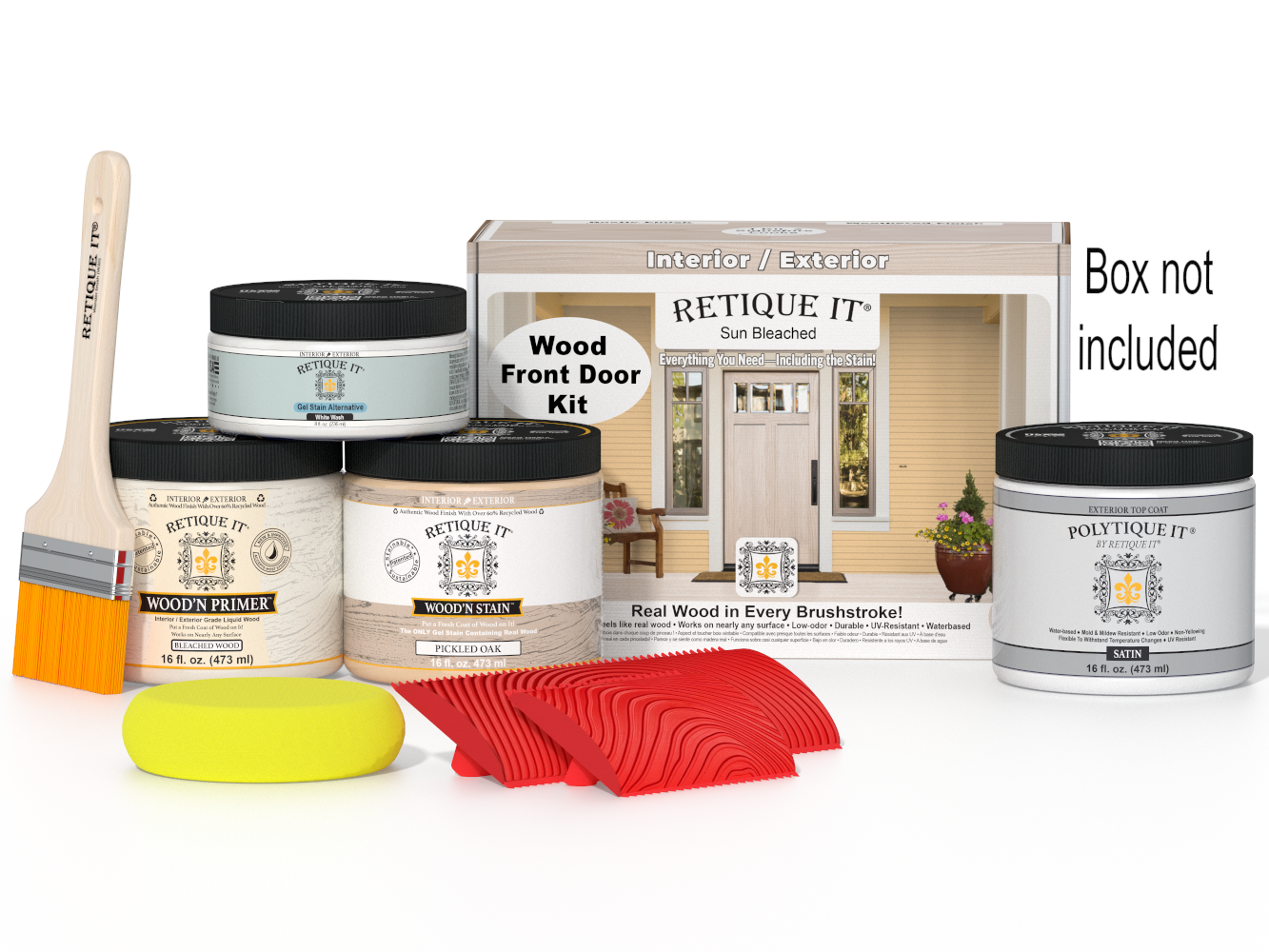Retique It Wood'n Finish Front Door Kit in Sun Bleached, showcasing the kit components and finished door appearance.